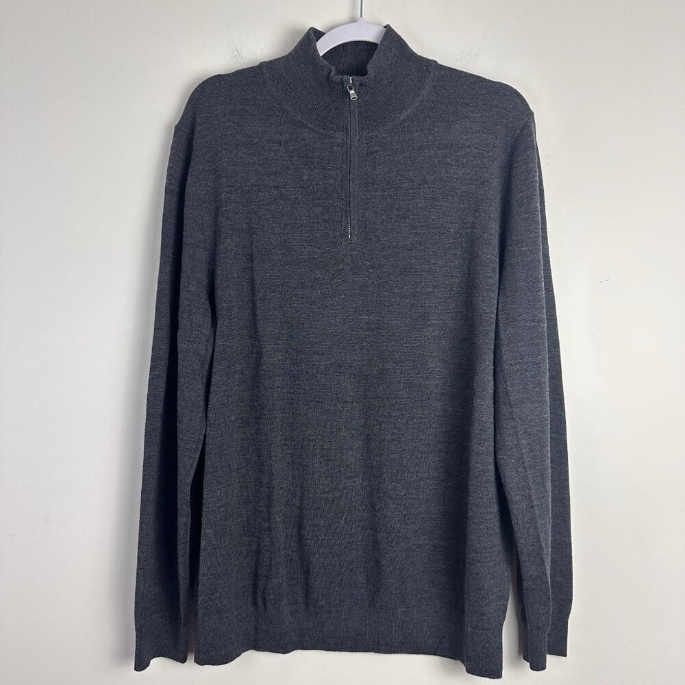John Lewis Mens Merino Wool Crewneck Pullover 1/4 Zip‎ Sweater Gray Large Golf
